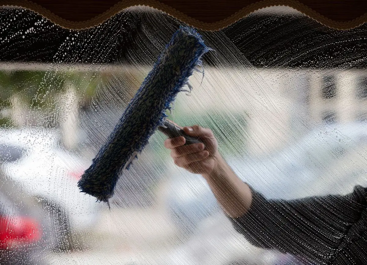 Window washer applicator spreading soapy water across glass